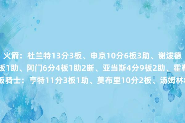 火箭:杜兰特13分3板、申京10分6板3助、谢泼德10分1板、史小姐8分4板1助、阿门6分4板1助2断、亚当斯4分9板2助、霍勒迪4分、卡佩拉2分4板骑士:亨特11分3板1助、莫布里10分2板、汤姆林8分2板、阿伦4分5板2助、波特3分5板、普罗克特2分1板3助、米切尔2分1板2断、鲍尔1板2助、韦德1板1助 体育集锦